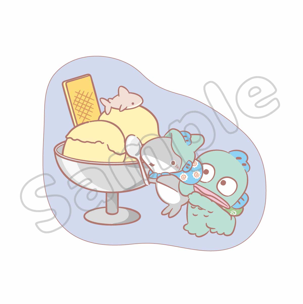 おでかけ子ザメ×サンリオキャラクターズ　ダイカットふわむにゅクッション ハンギョドン