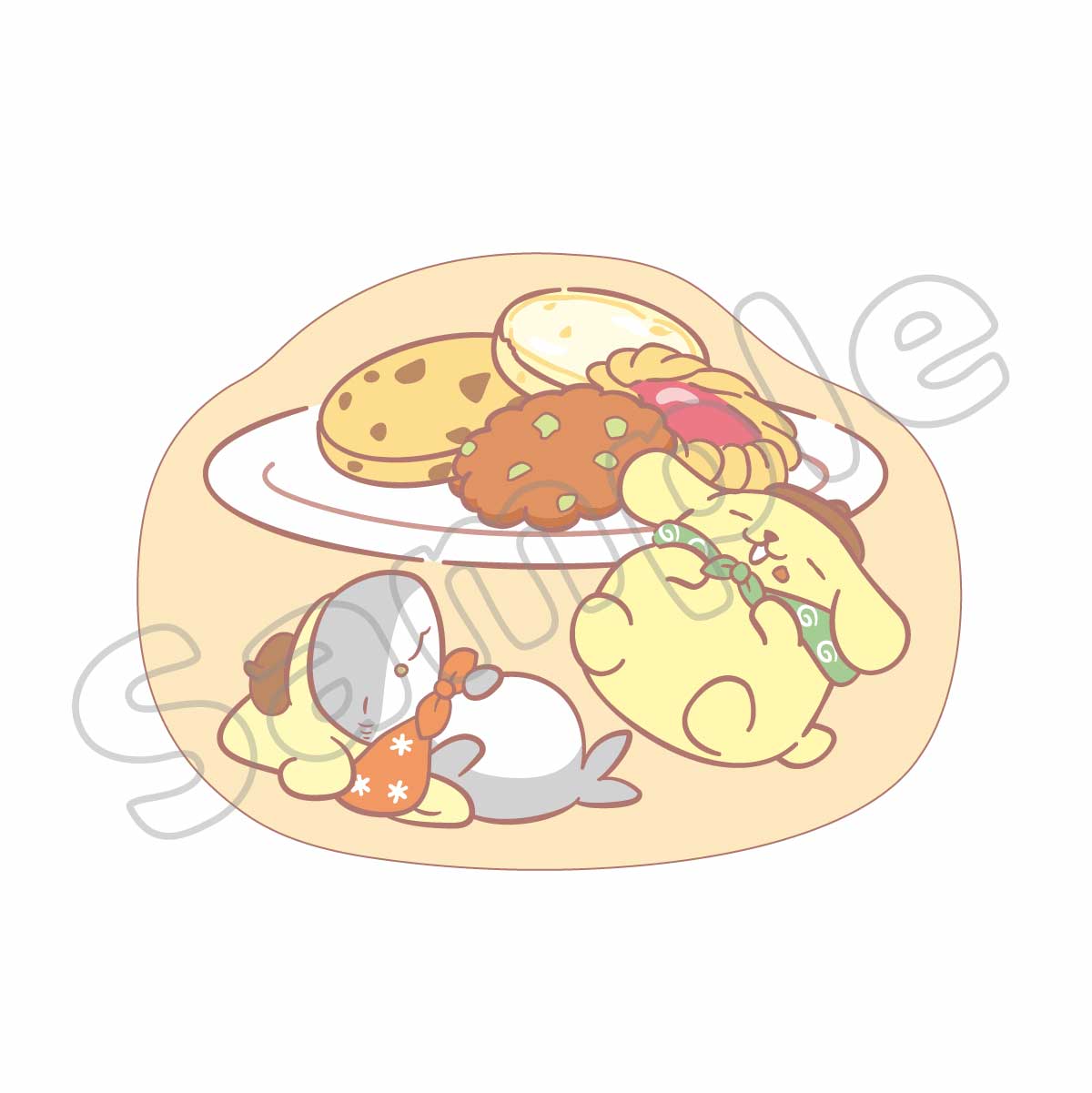 おでかけ子ザメ×サンリオキャラクターズ　ダイカットふわむにゅクッション ポムポムプリン